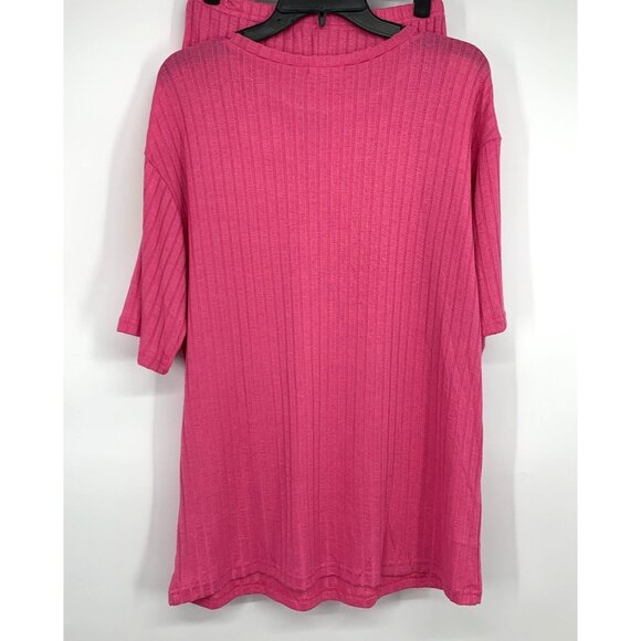 Ekouaer 2 Piece Lounge Set Pink Biker Shorts Shirt Ribbed Knit - Picture 8 of 12
